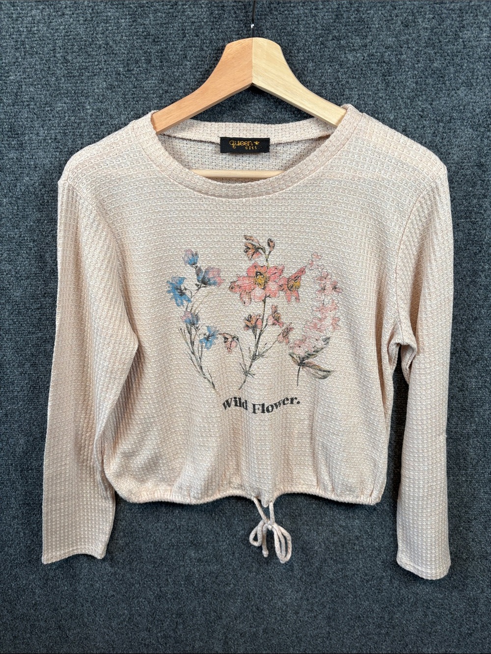Queen Bees Waffle-Knit Long Sleeve Tee with Floral Print